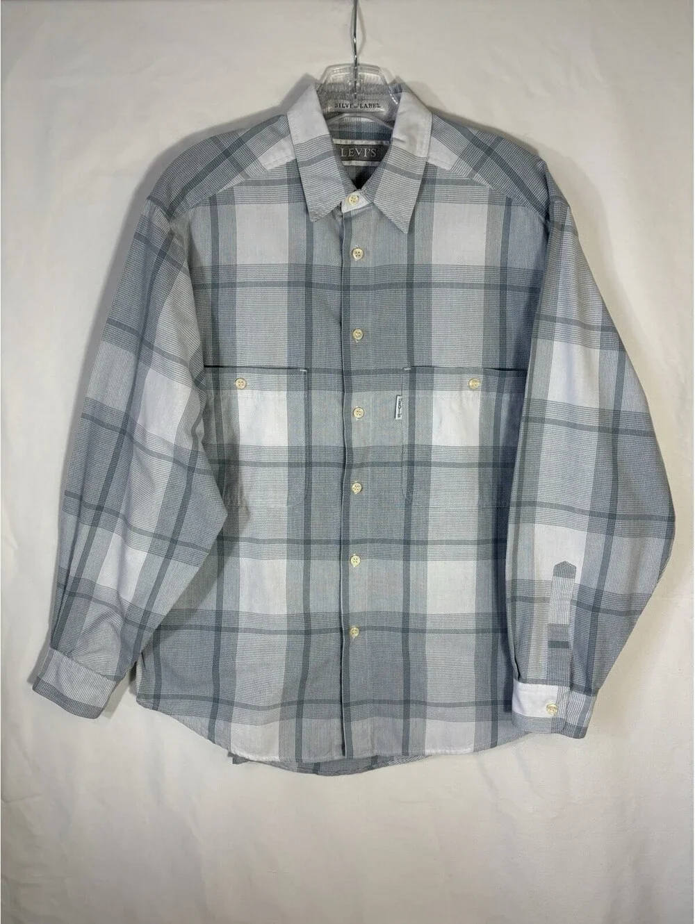 Vintage Levis Silver Label Mens L Plaid Button Up Shirt Blue Gray Cotton 90s